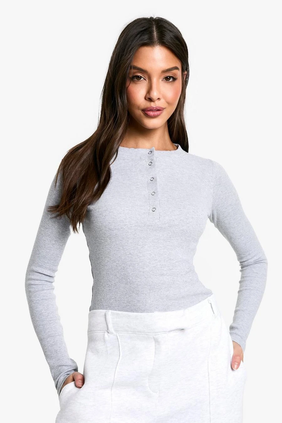 BOOHOO Popper Front Rib Long Sleeve Top 4 BOOHOO Popper Front Rib Long Sleeve Top - Image 4