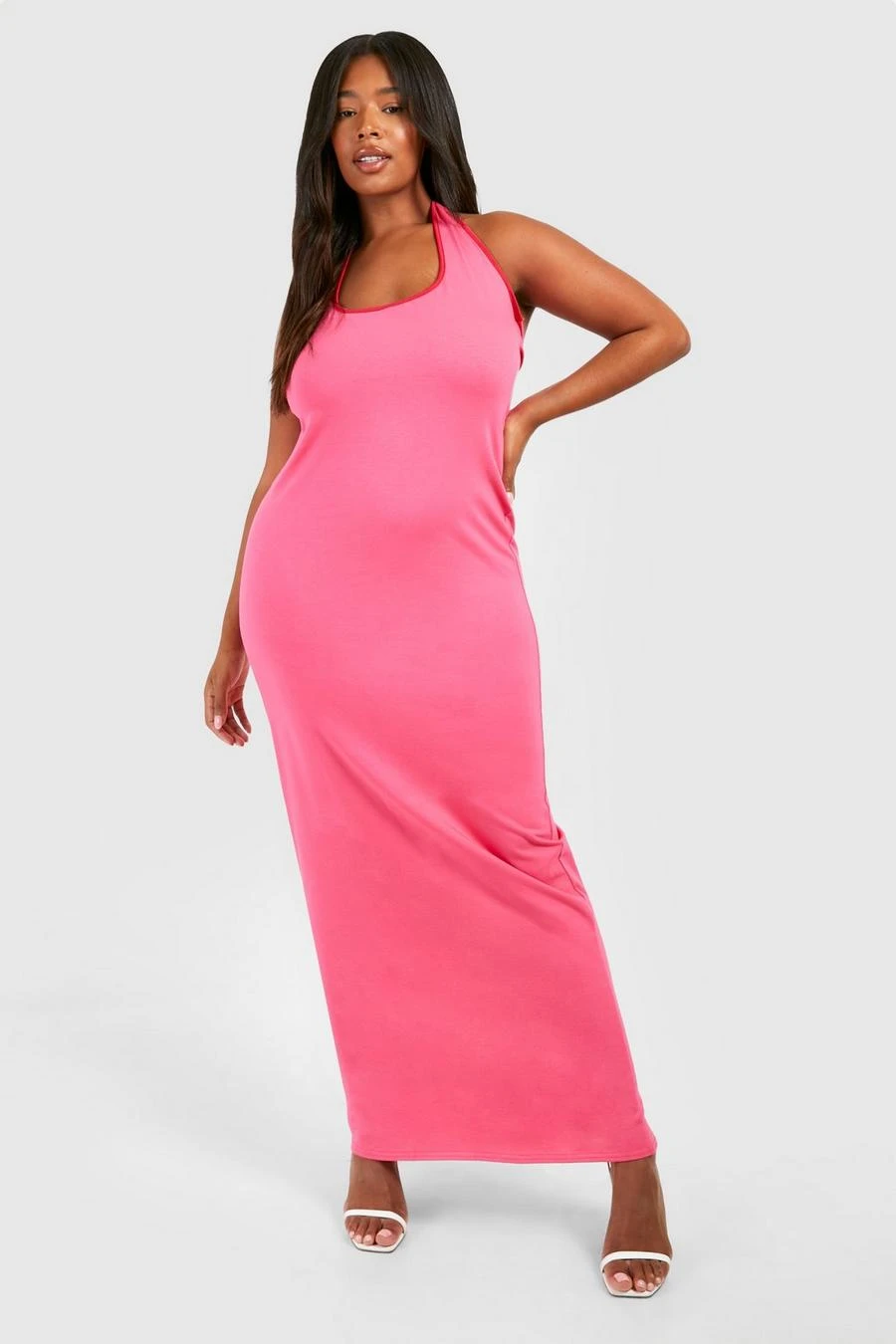 BOOHOO Plus Cotton Elastance Halterneck Contrast Maxi Dress 1 BOOHOO Plus Cotton Elastance Halterneck Contrast Maxi Dress