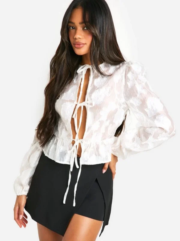 BamBam Fashion Shop -BamBam Fashion Shop female ivory burnout volume sleeve tie front blouse