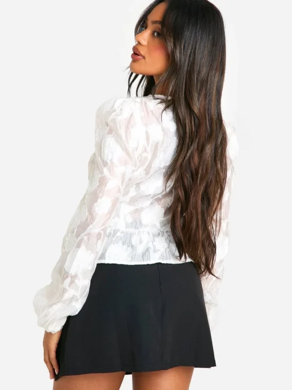 BamBam Fashion Shop -BamBam Fashion Shop female ivory burnout volume sleeve tie front blouse 1 1