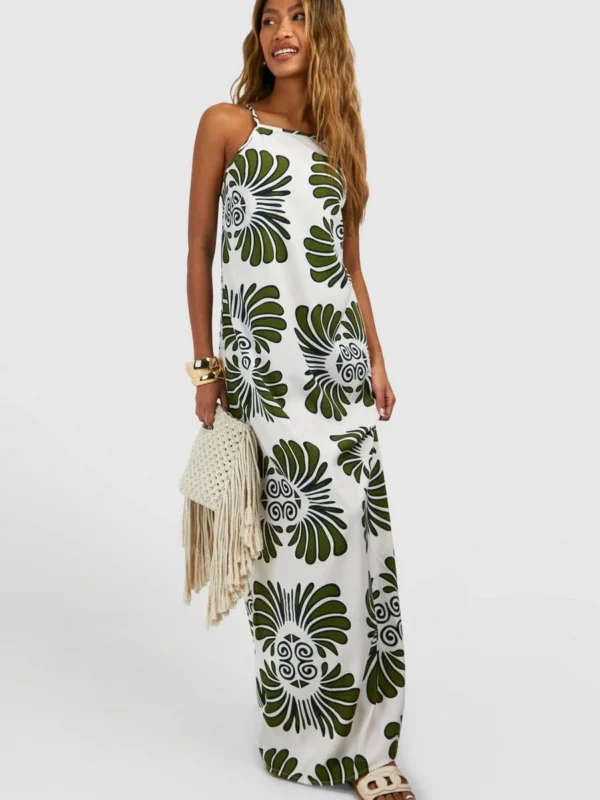 Outlet -BamBam Fashion Shop female ivory high neck patterned maxi dress 2