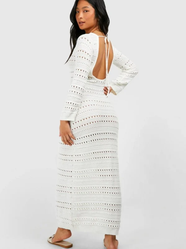 Outlet -BamBam Fashion Shop female ivory petite crochet flare sleeve tie back knitted maxi dress 1