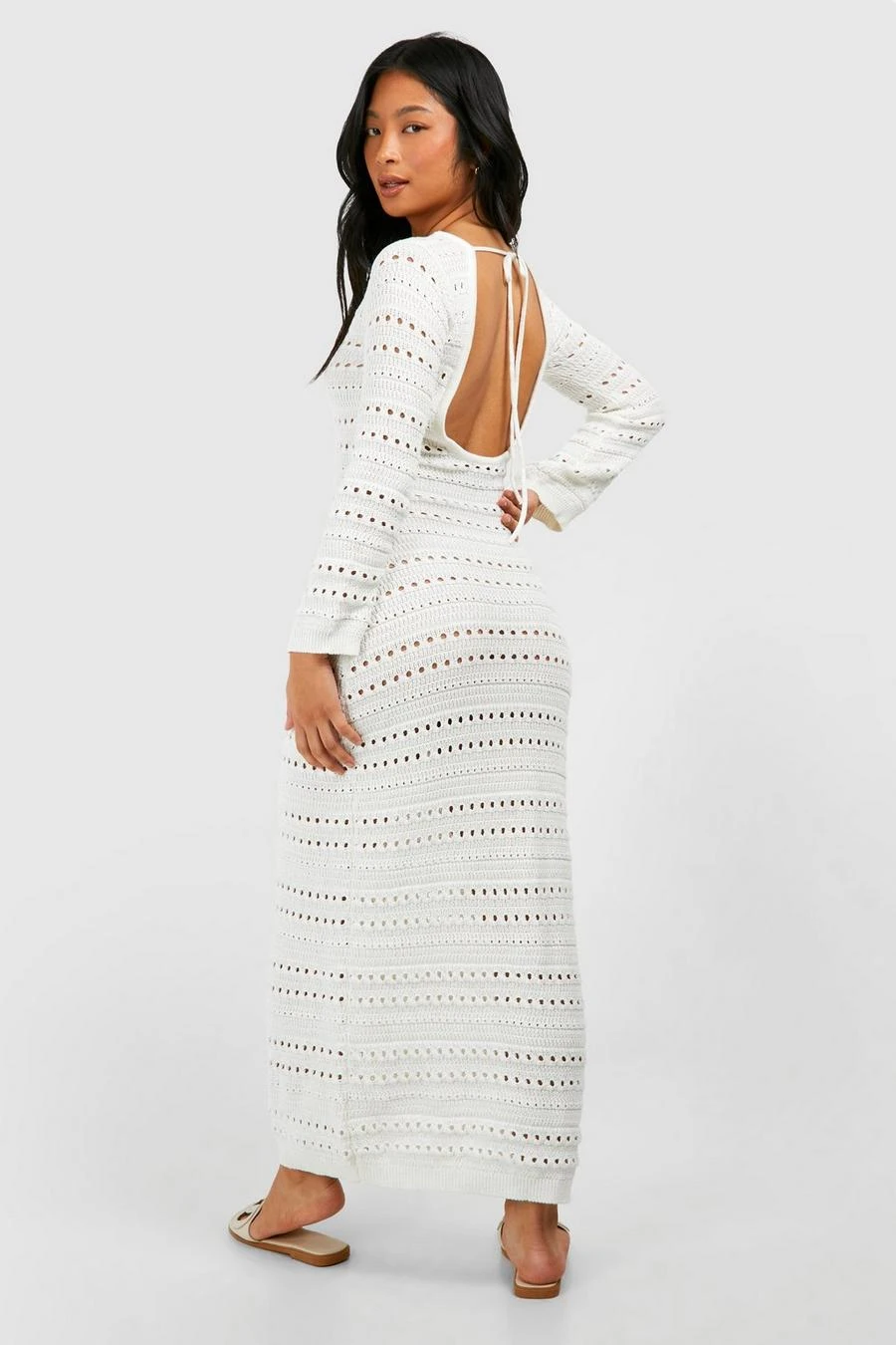 BOOHOO Petite Crochet Flare Sleeve Tie Back Knitted Maxi Dress 2 BOOHOO Petite Crochet Flare Sleeve Tie Back Knitted Maxi Dress - Image 2