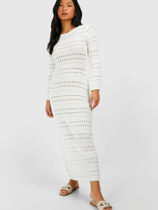 Outlet -BamBam Fashion Shop female ivory petite crochet flare sleeve tie back knitted maxi dress 2