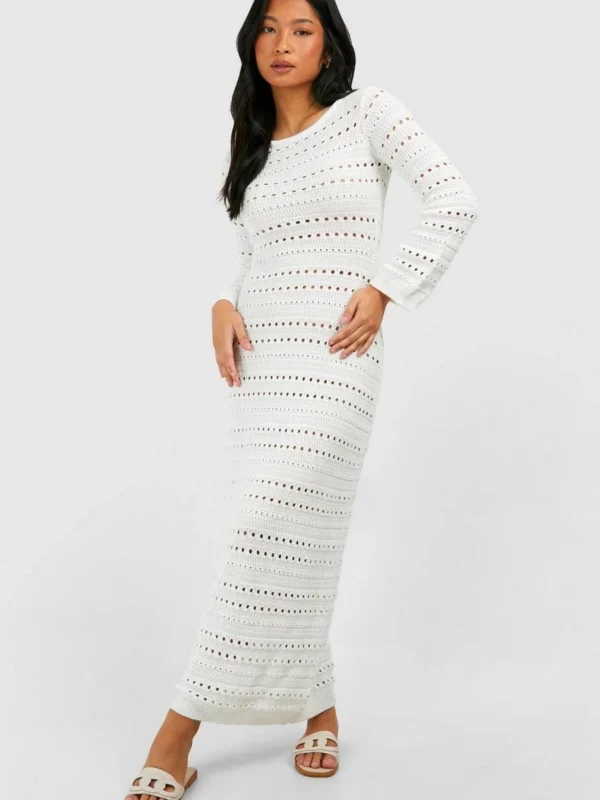 Outlet -BamBam Fashion Shop female ivory petite crochet flare sleeve tie back knitted maxi dress