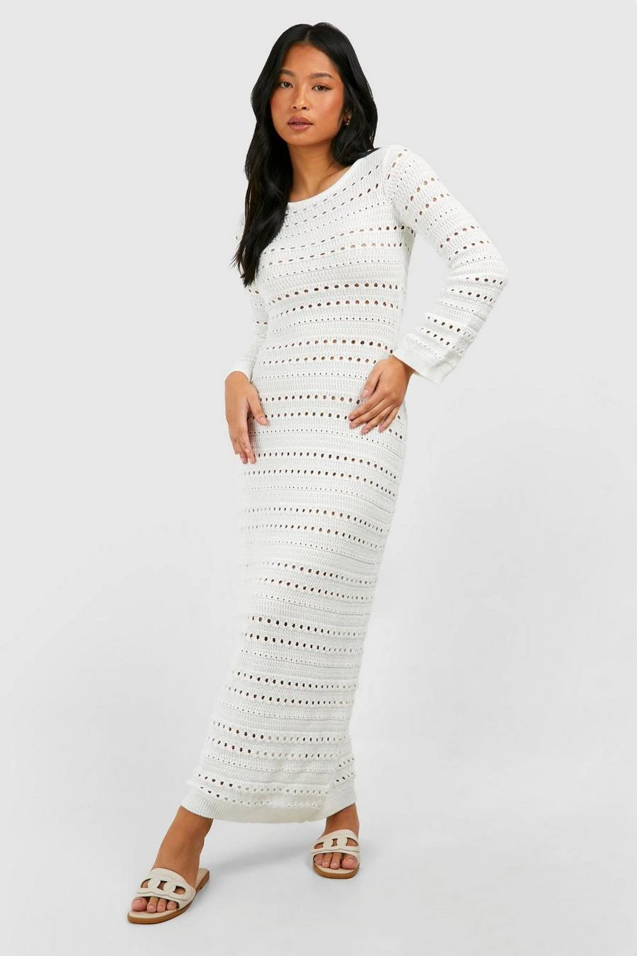 BOOHOO Petite Crochet Flare Sleeve Tie Back Knitted Maxi Dress 1 BOOHOO Petite Crochet Flare Sleeve Tie Back Knitted Maxi Dress