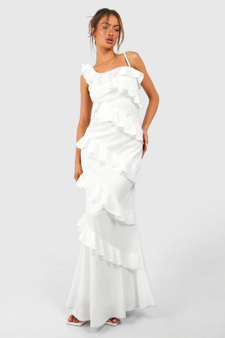 BOOHOO Satin Ruffle Asymmetric Maxi Dress 3 BOOHOO Satin Ruffle Asymmetric Maxi Dress - Image 3