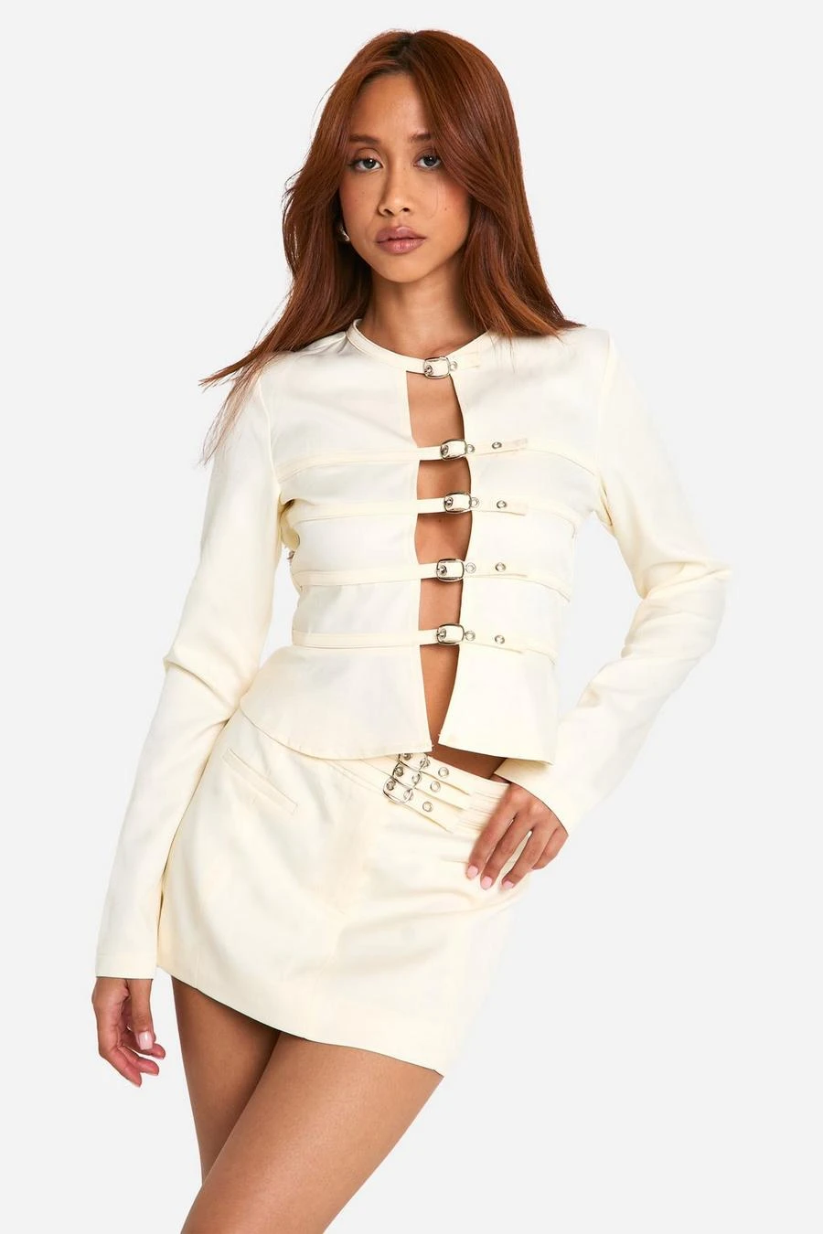 Lookbook -BamBam Fashion Shop female ivory tailored micro belt long sleeve smock top
