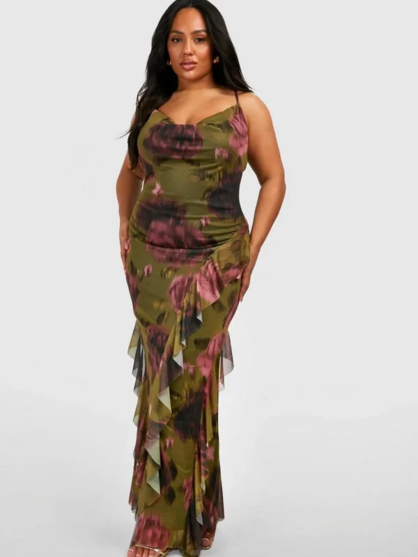 Outlet 4 Outlet -BamBam Fashion Shop female khaki plus floral print mesh ruffle detail maxi dress