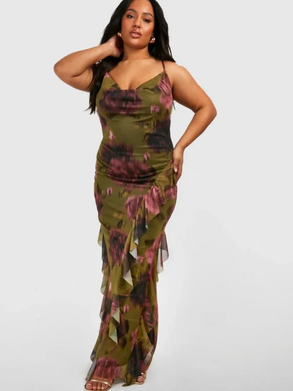 Outlet 6 Outlet -BamBam Fashion Shop female khaki plus floral print mesh ruffle detail maxi dress 1 2