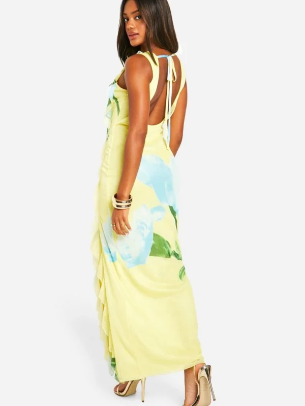 Outlet -BamBam Fashion Shop female lemon floral mesh ruffle maxi dress 1