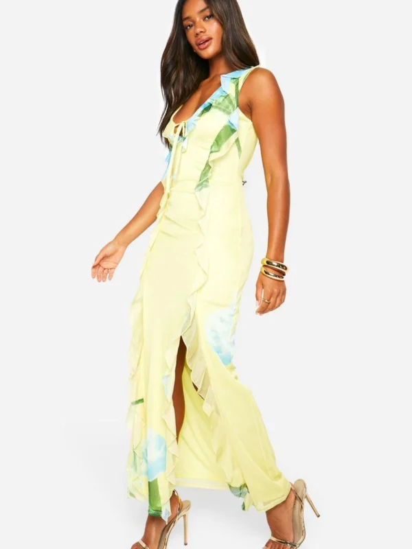 Outlet -BamBam Fashion Shop female lemon floral mesh ruffle maxi dress 2