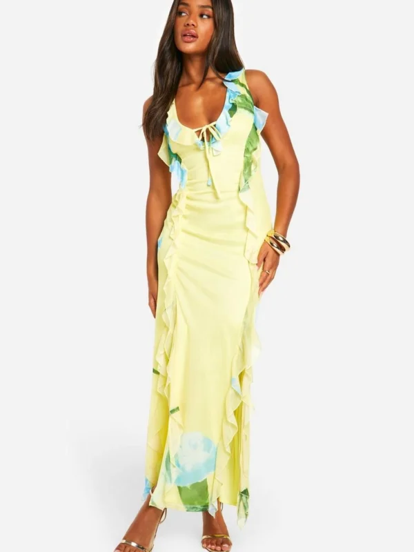Outlet -BamBam Fashion Shop female lemon floral mesh ruffle maxi dress