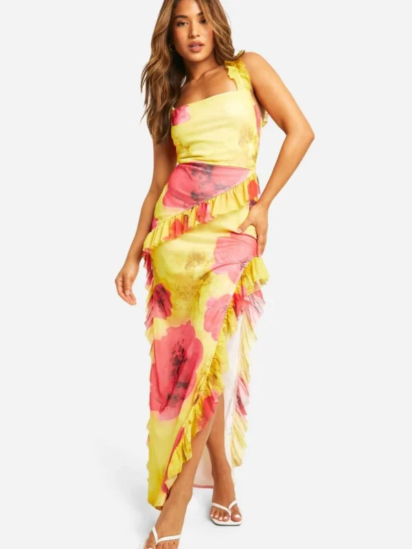 Outlet -BamBam Fashion Shop female lemon petite floral mesh ruffle split leg maxi dress