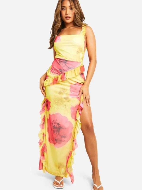 Outlet -BamBam Fashion Shop female lemon petite floral mesh ruffle split leg maxi dress 1 2
