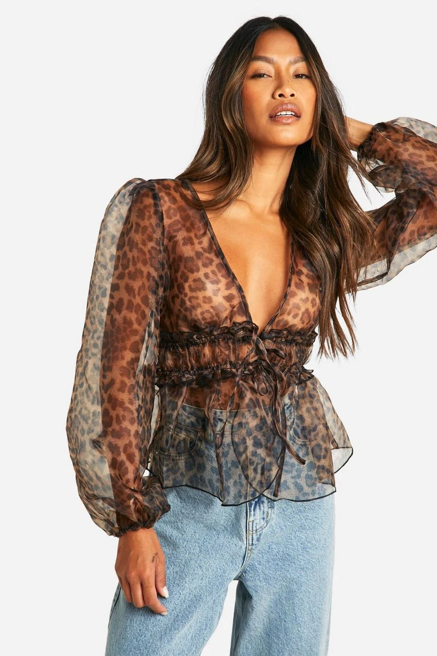 BOOHOO Leopard Print Tie Volume Sleeve Blouse 3 BOOHOO Leopard Print Tie Volume Sleeve Blouse - Image 3