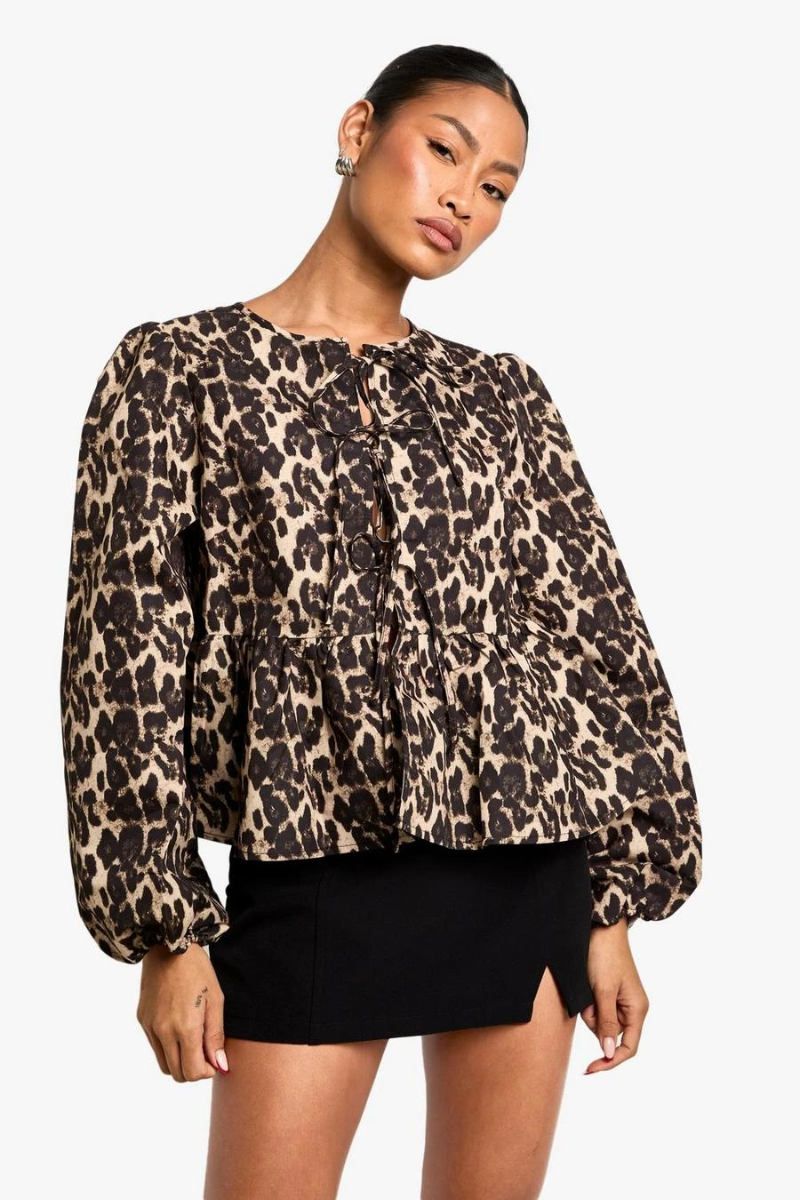 BOOHOO Leopard Tie Front Puff Long Sleeve Smock Top 1 BOOHOO Leopard Tie Front Puff Long Sleeve Smock Top