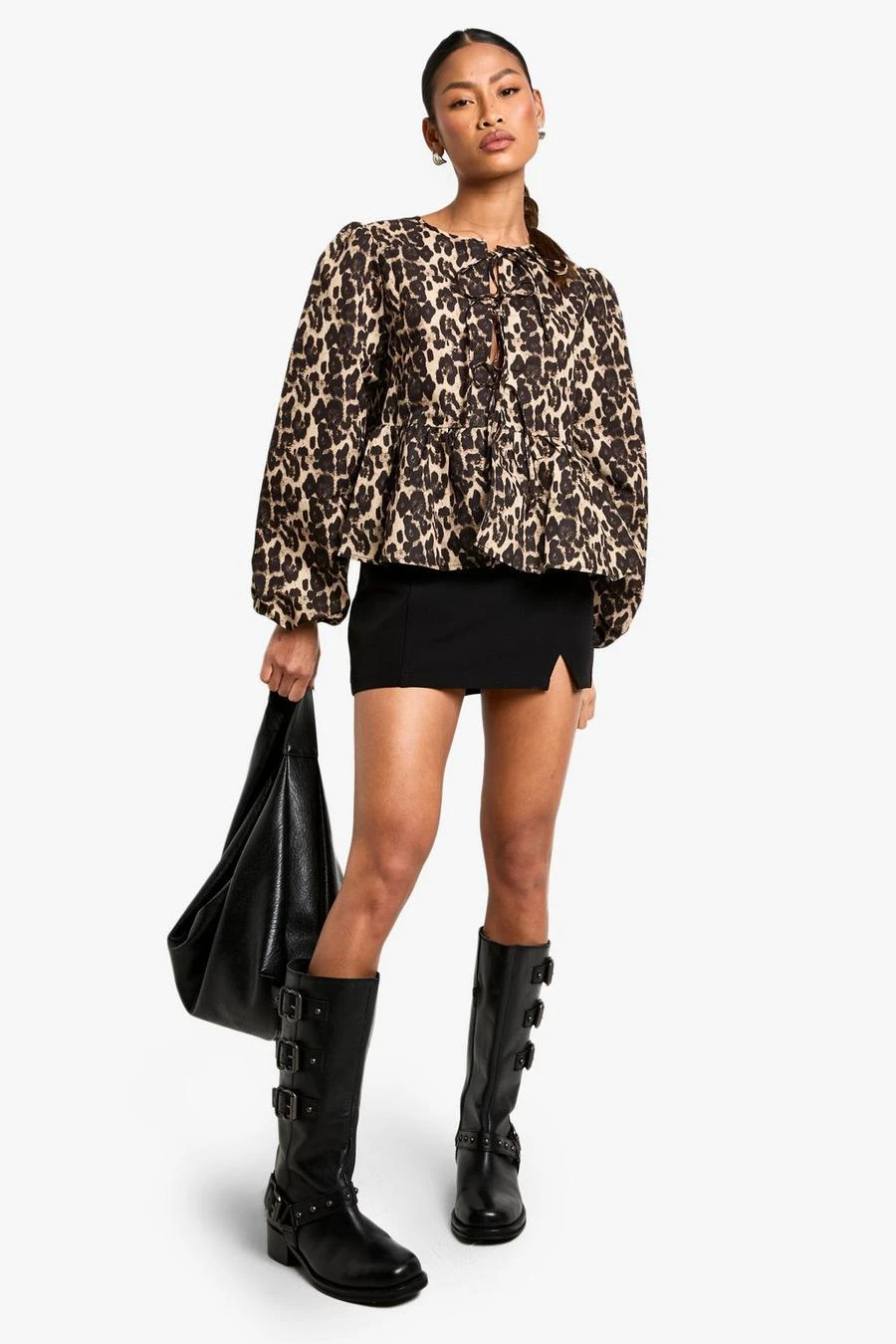 BOOHOO Leopard Tie Front Puff Long Sleeve Smock Top 3 BOOHOO Leopard Tie Front Puff Long Sleeve Smock Top - Image 3