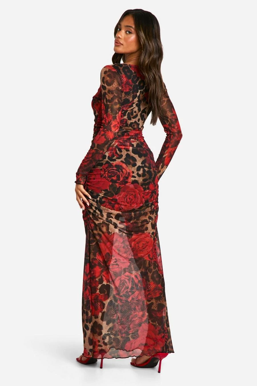 BOOHOO Mixed Leopard Ruched Mesh Maxi Dress 2 BOOHOO Mixed Leopard Ruched Mesh Maxi Dress - Image 2
