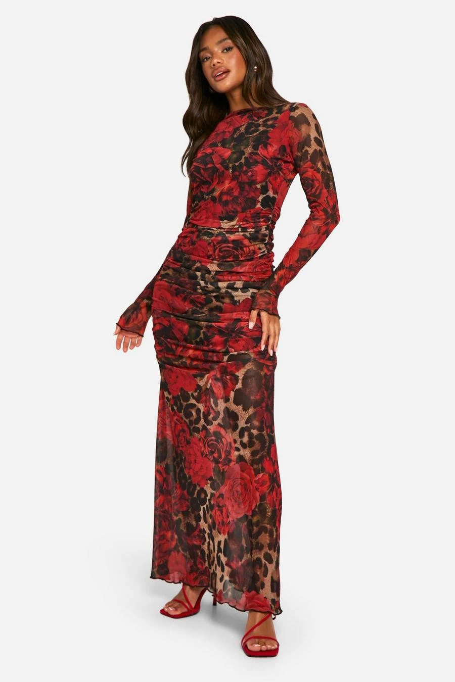 BOOHOO Mixed Leopard Ruched Mesh Maxi Dress 3 BOOHOO Mixed Leopard Ruched Mesh Maxi Dress - Image 3