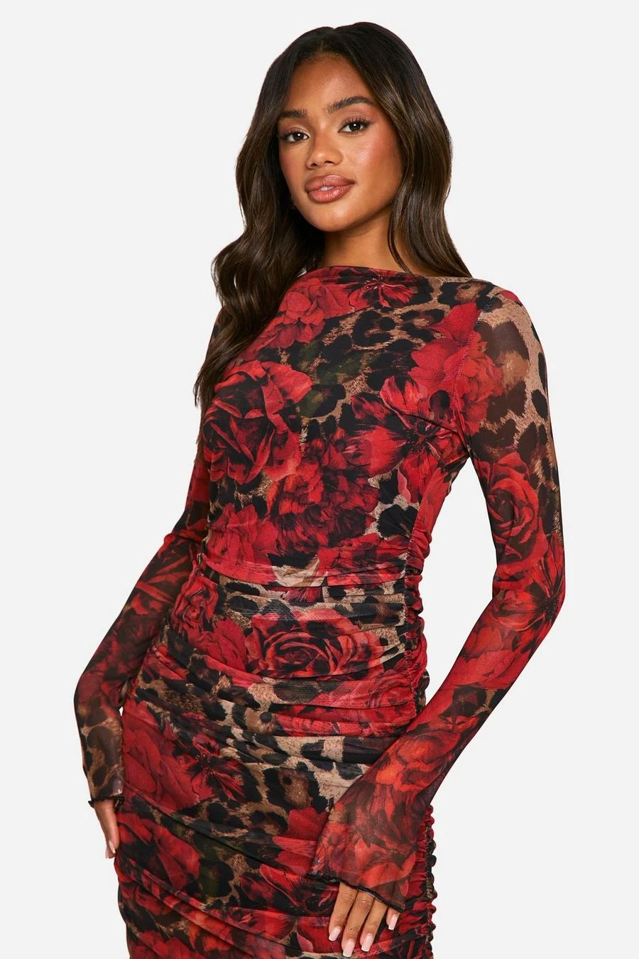 BOOHOO Mixed Leopard Ruched Mesh Maxi Dress 4 BOOHOO Mixed Leopard Ruched Mesh Maxi Dress - Image 4