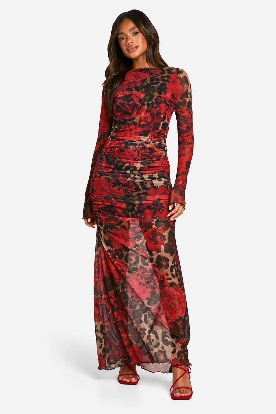 BOOHOO Mixed Leopard Ruched Mesh Maxi Dress 1 BOOHOO Mixed Leopard Ruched Mesh Maxi Dress