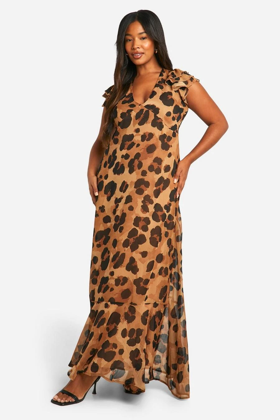 BOOHOO Plus Leopard Chiffon Ruffle Sleeve Maxi Dress 1 BOOHOO Plus Leopard Chiffon Ruffle Sleeve Maxi Dress