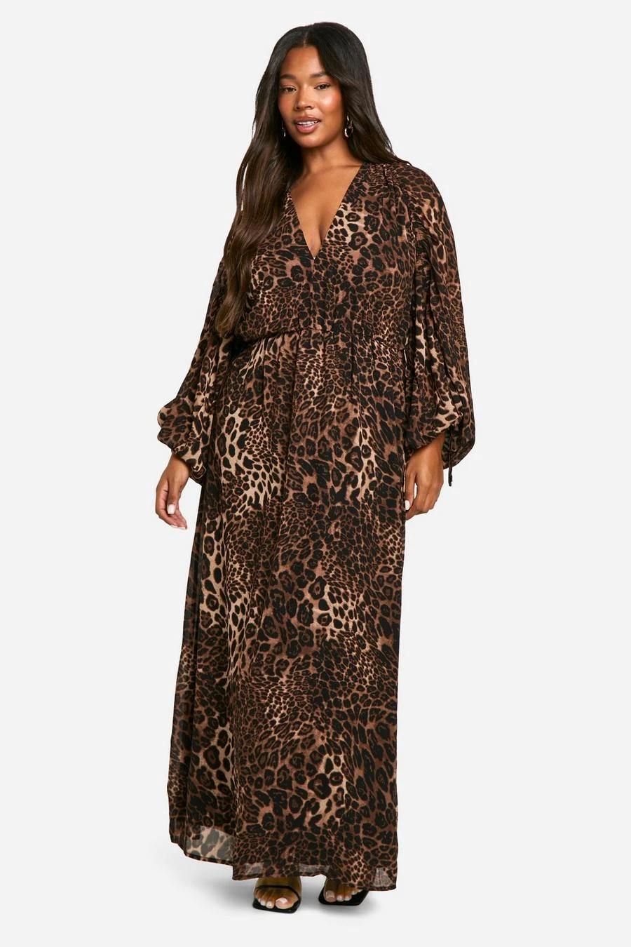 BOOHOO Plus Leopard Ruched Blouse Sleeve Maxi Dress 1 BOOHOO Plus Leopard Ruched Blouse Sleeve Maxi Dress