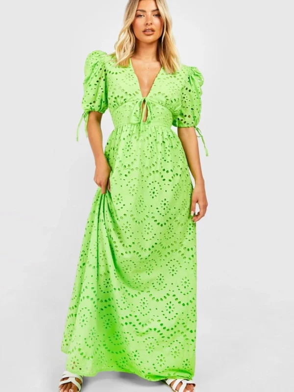 BamBam Fashion Shop -BamBam Fashion Shop female lime broderie puff sleeve tie front maxi dress