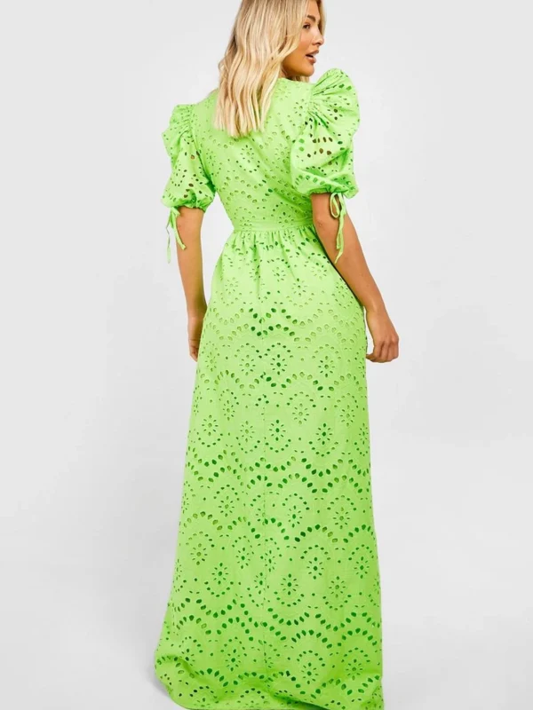 BamBam Fashion Shop -BamBam Fashion Shop female lime broderie puff sleeve tie front maxi dress 1 1