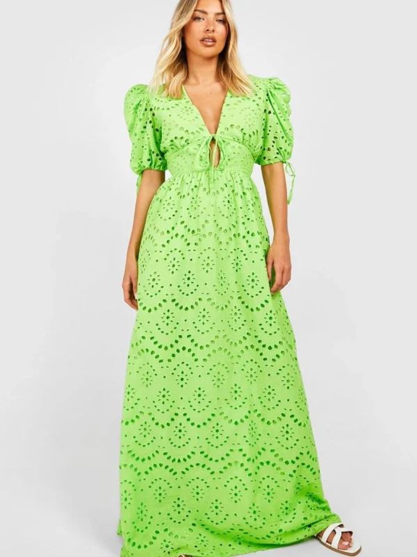 BamBam Fashion Shop -BamBam Fashion Shop female lime broderie puff sleeve tie front maxi dress 1 2