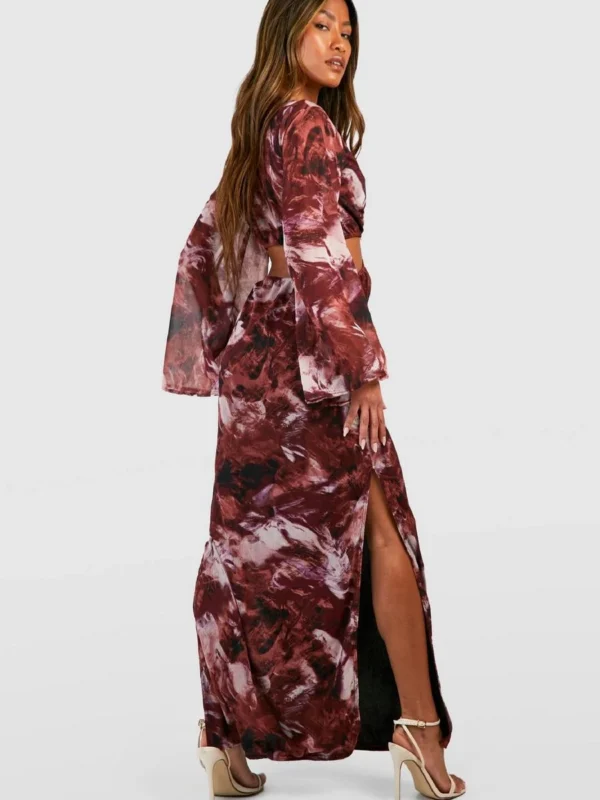 Outlet -BamBam Fashion Shop female maroon o ring printed flare sleeve maxi dress 1