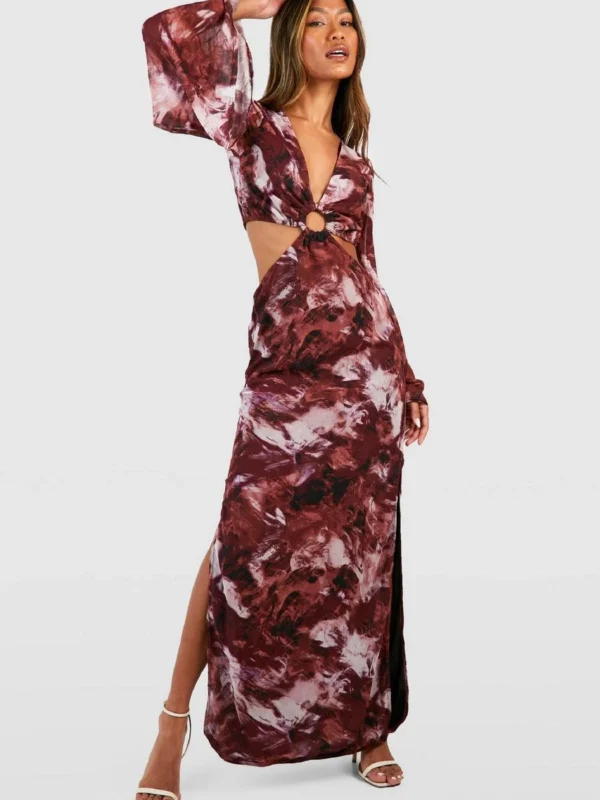 Outlet -BamBam Fashion Shop female maroon o ring printed flare sleeve maxi dress 2