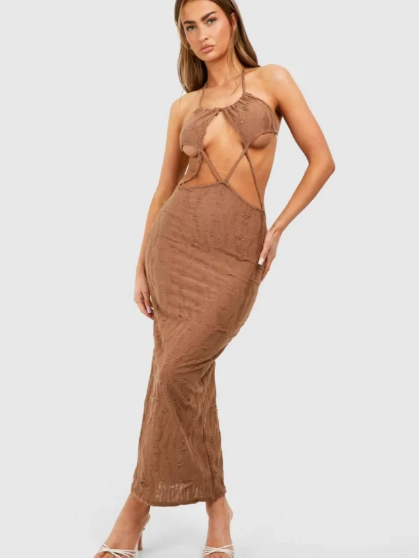 Outlet 7 Outlet -BamBam Fashion Shop female mocha ladder knit cut out maxi dress
