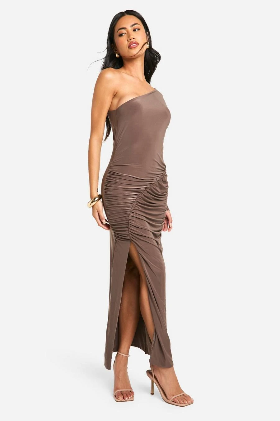 BOOHOO One Shoulder Slinky Ruched Maxi Dress 3 BOOHOO One Shoulder Slinky Ruched Maxi Dress - Image 3