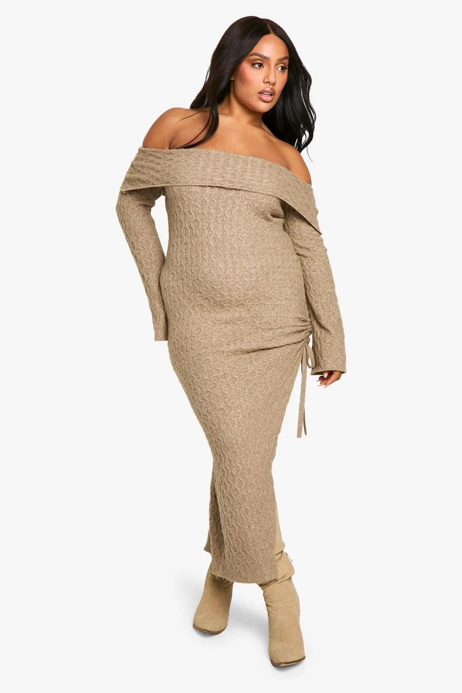 BOOHOO Plus Soft Cable Asymmetric Hem Bardot Maxi Dress 3 BOOHOO Plus Soft Cable Asymmetric Hem Bardot Maxi Dress - Image 3