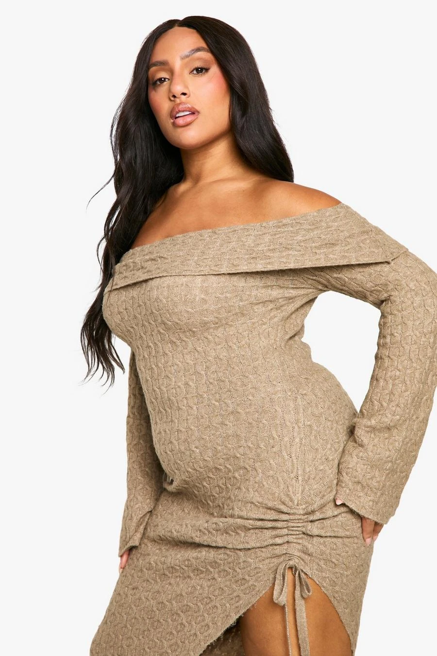 BOOHOO Plus Soft Cable Asymmetric Hem Bardot Maxi Dress 4 BOOHOO Plus Soft Cable Asymmetric Hem Bardot Maxi Dress - Image 4