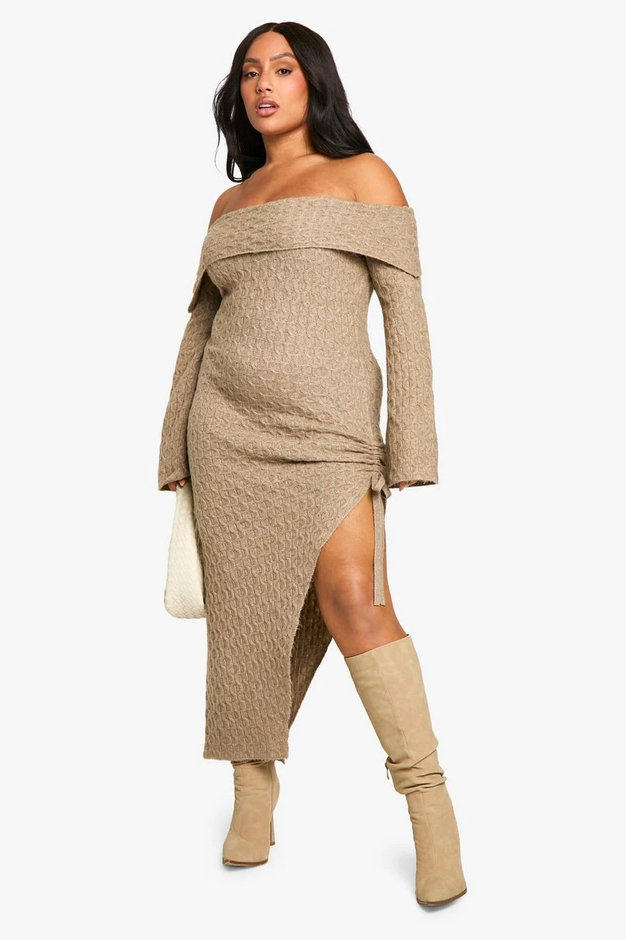 BOOHOO Plus Soft Cable Asymmetric Hem Bardot Maxi Dress 1 BOOHOO Plus Soft Cable Asymmetric Hem Bardot Maxi Dress