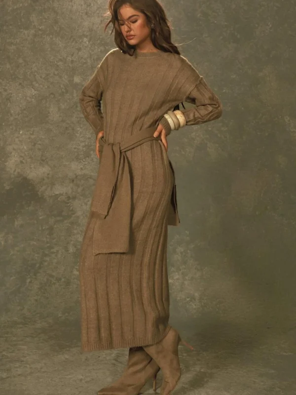 Outlet -BamBam Fashion Shop female mocha wide soft rib knitted maxi dress