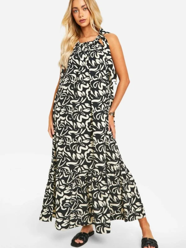 BamBam Fashion Shop -BamBam Fashion Shop female mono mono print tier hem maxi dress 2