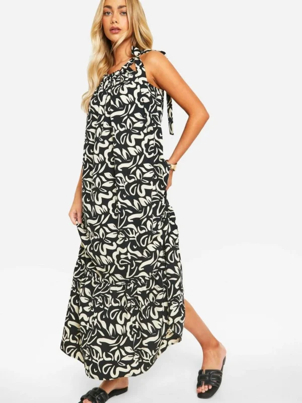 BamBam Fashion Shop -BamBam Fashion Shop female mono mono print tier hem maxi dress
