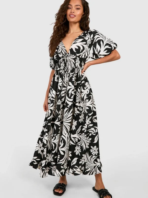 Outlet 7 Outlet -BamBam Fashion Shop female mono printed puff sleeve maxi