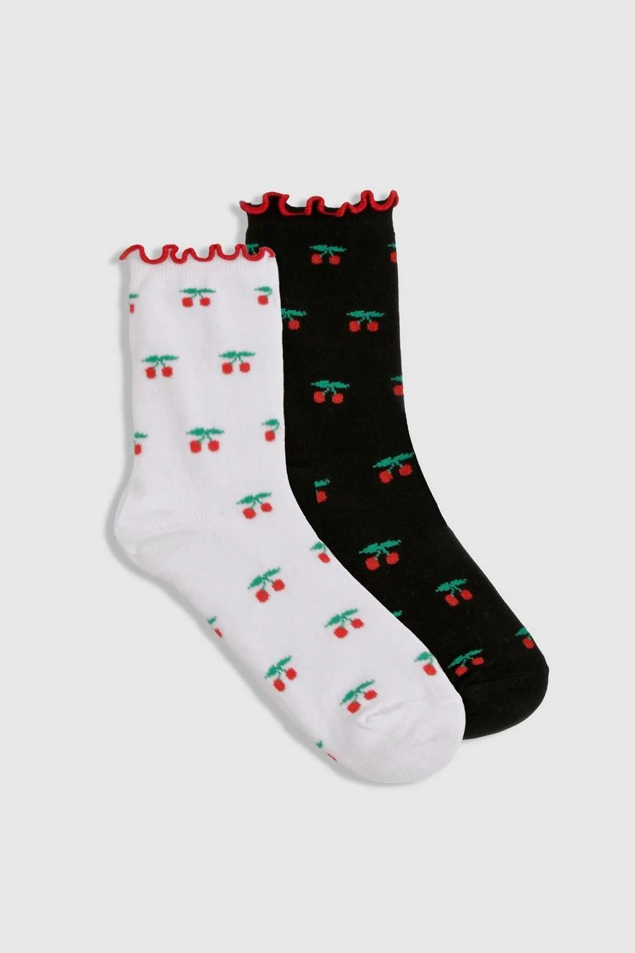 BOOHOO Contrast Frill Cherry Pattern Sock 2 Pack 1 BOOHOO Contrast Frill Cherry Pattern Sock 2 Pack