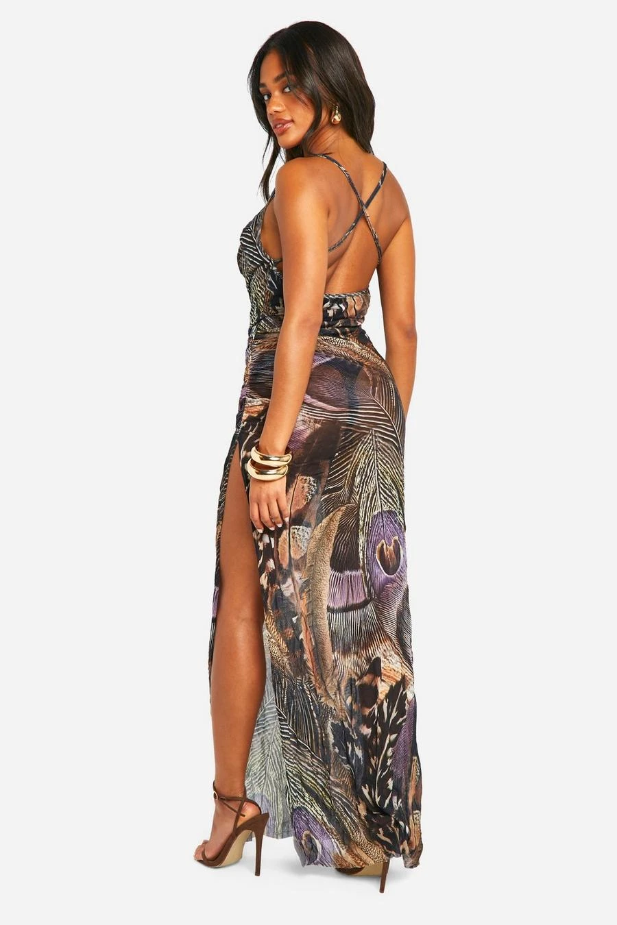 BOOHOO Crinkle Feather Printed Mesh Cowl Neck Maxi Dress 2 BOOHOO Crinkle Feather Printed Mesh Cowl Neck Maxi Dress - Image 2