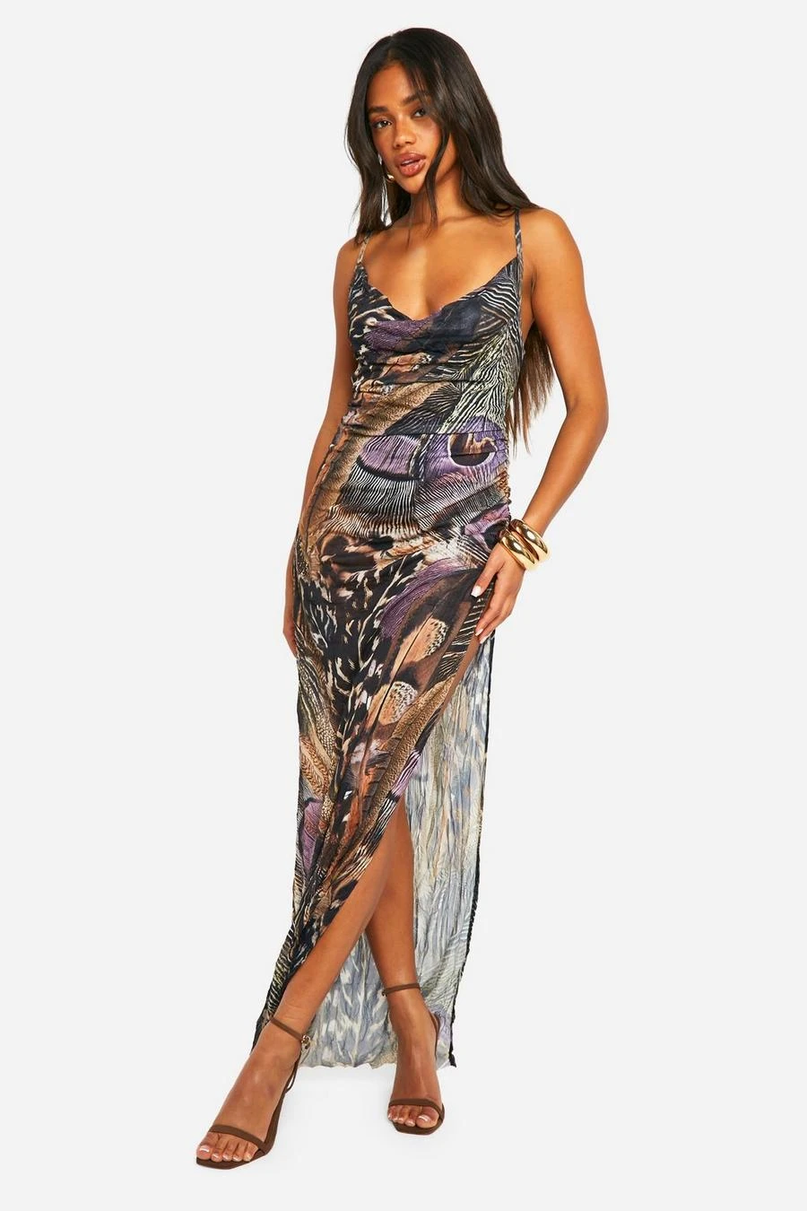 BOOHOO Crinkle Feather Printed Mesh Cowl Neck Maxi Dress 3 BOOHOO Crinkle Feather Printed Mesh Cowl Neck Maxi Dress - Image 3