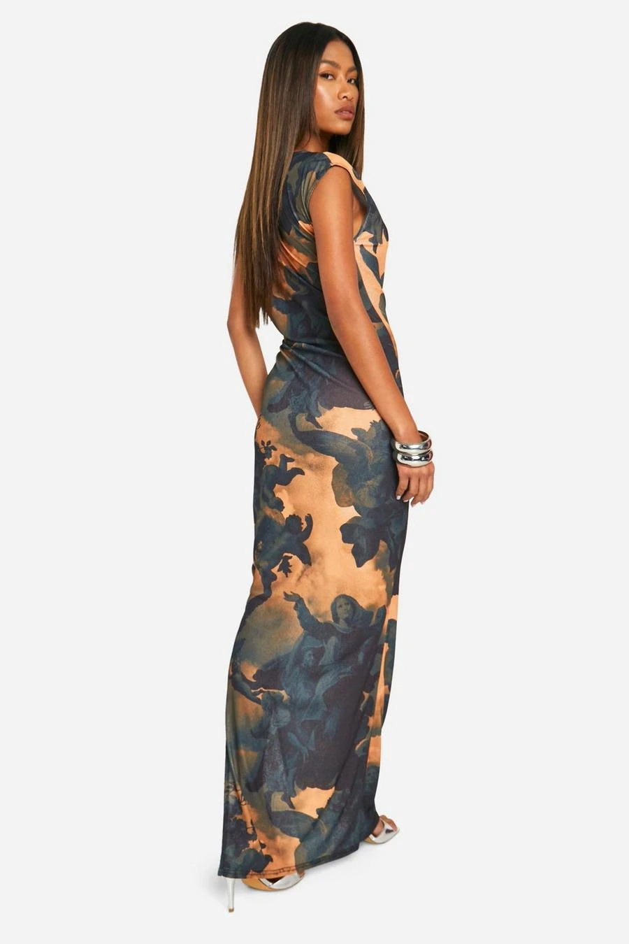 BOOHOO Printed Sheer Slash Neck Cap Sleeve Maxi Dress 2 BOOHOO Printed Sheer Slash Neck Cap Sleeve Maxi Dress - Image 2