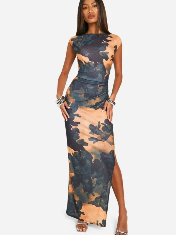 Outlet 9 Outlet -BamBam Fashion Shop female multi printed sheer slash neck cap sleeve maxi dress 2