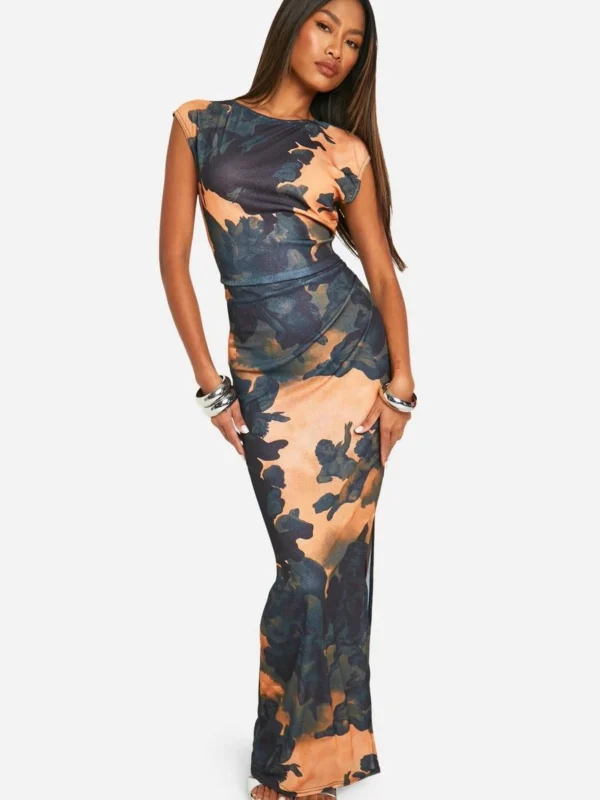 Outlet 7 Outlet -BamBam Fashion Shop female multi printed sheer slash neck cap sleeve maxi dress
