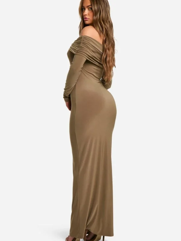 Outlet -BamBam Fashion Shop female mushroom ruched twist detail bardot maxi dress 1