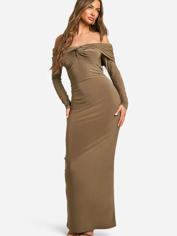 Outlet -BamBam Fashion Shop female mushroom ruched twist detail bardot maxi dress 2